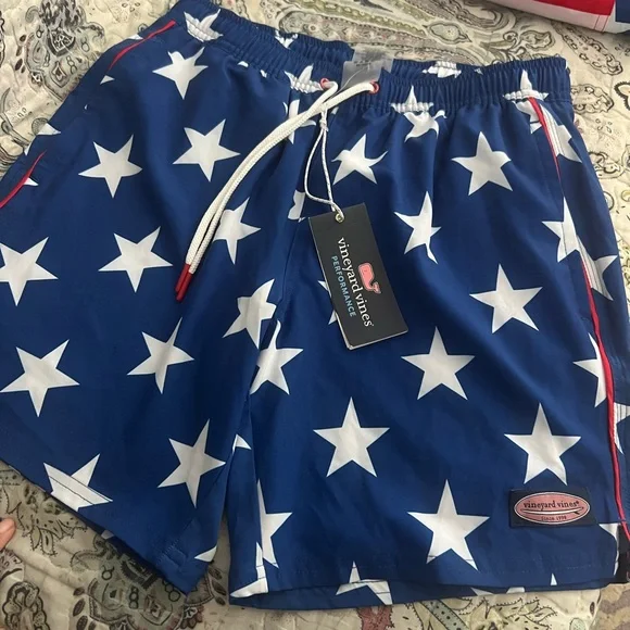Vineyard Vines Patriotic Blue and White Swim Trunks - Picture 1 of 5